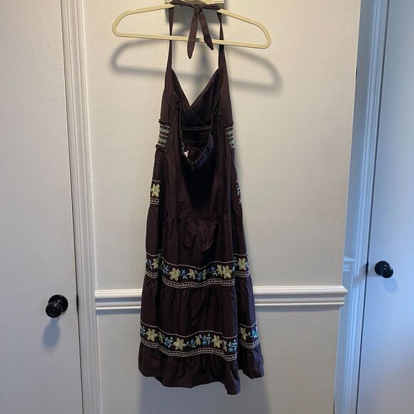 Trixxi Brown Floral Embroidered Halter Sundress Size 5 Smocked Boho Festival - Picture 2 of 8